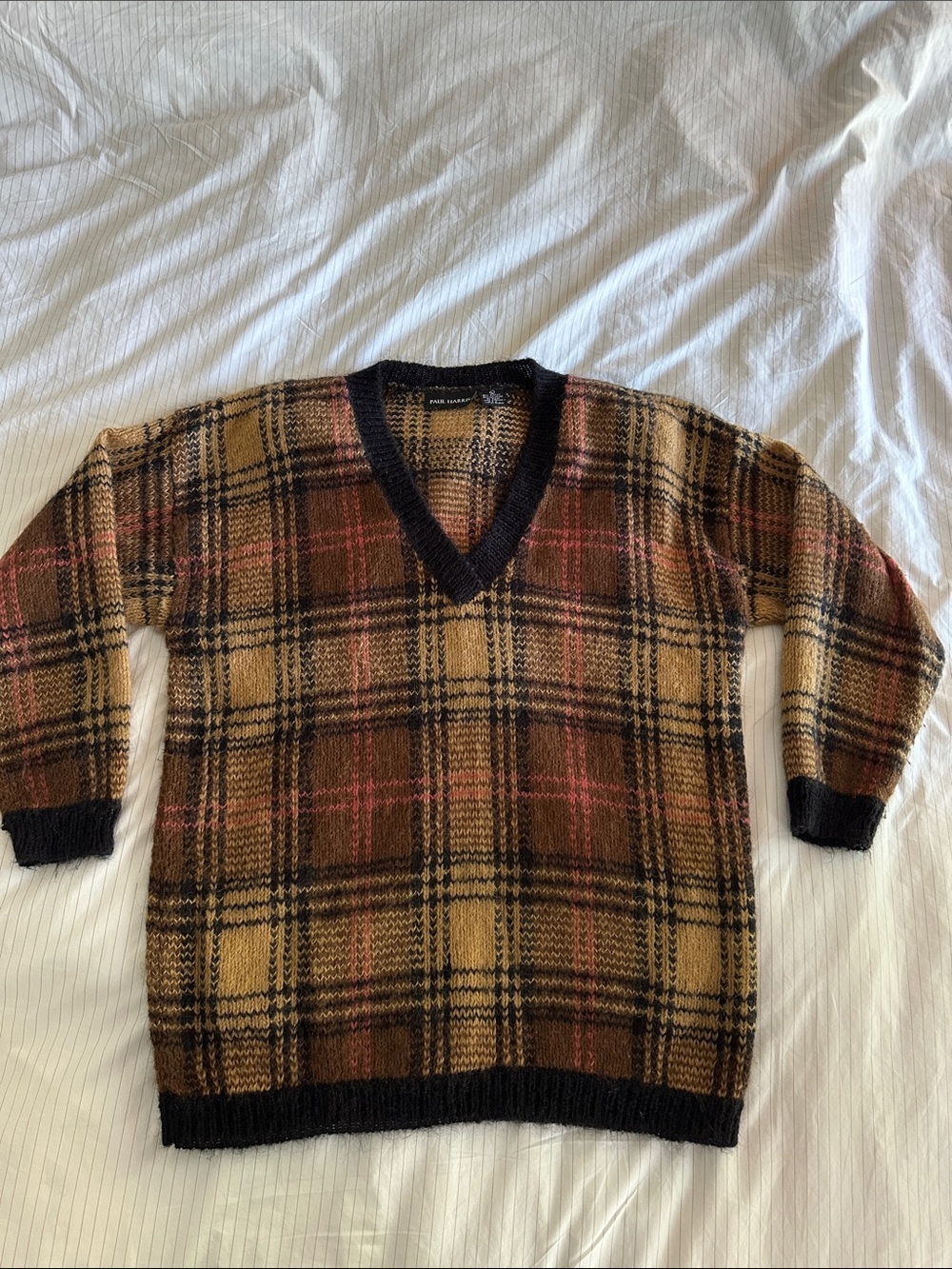 Vintage Paul Harris - Dark Academia V-Neck Plaid Sweater in Brown and Black